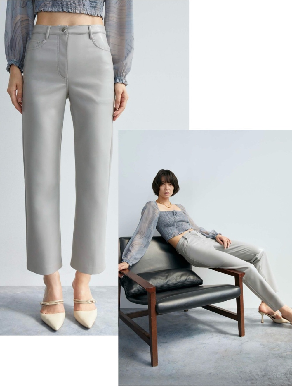 Aritzia Wilfred Faux Leather Straight Leg Pants Light Blue Grey Size 8 - Picture 4 of 14